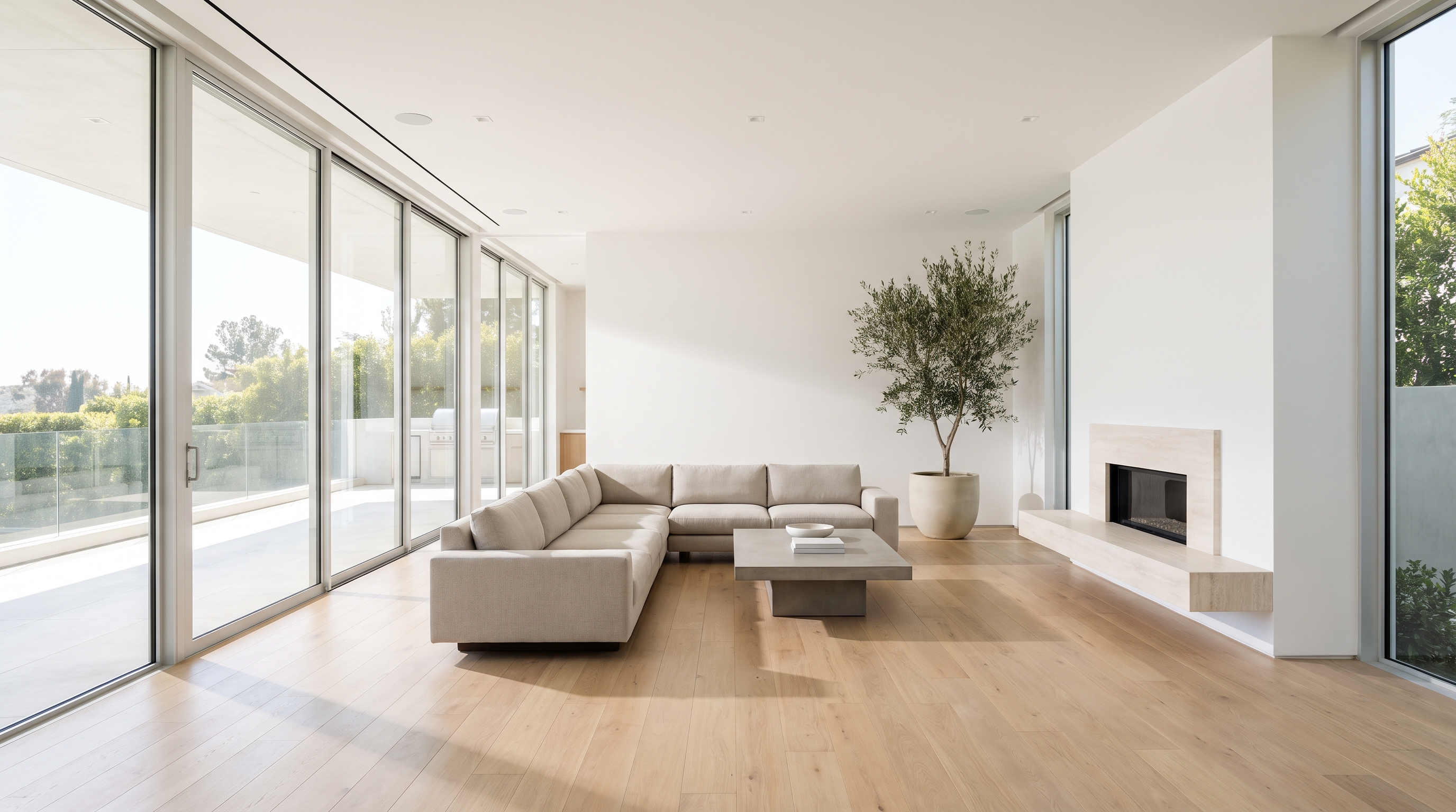 High-end minimalist interior layout demonstrating optimized spatial staging for listing photography